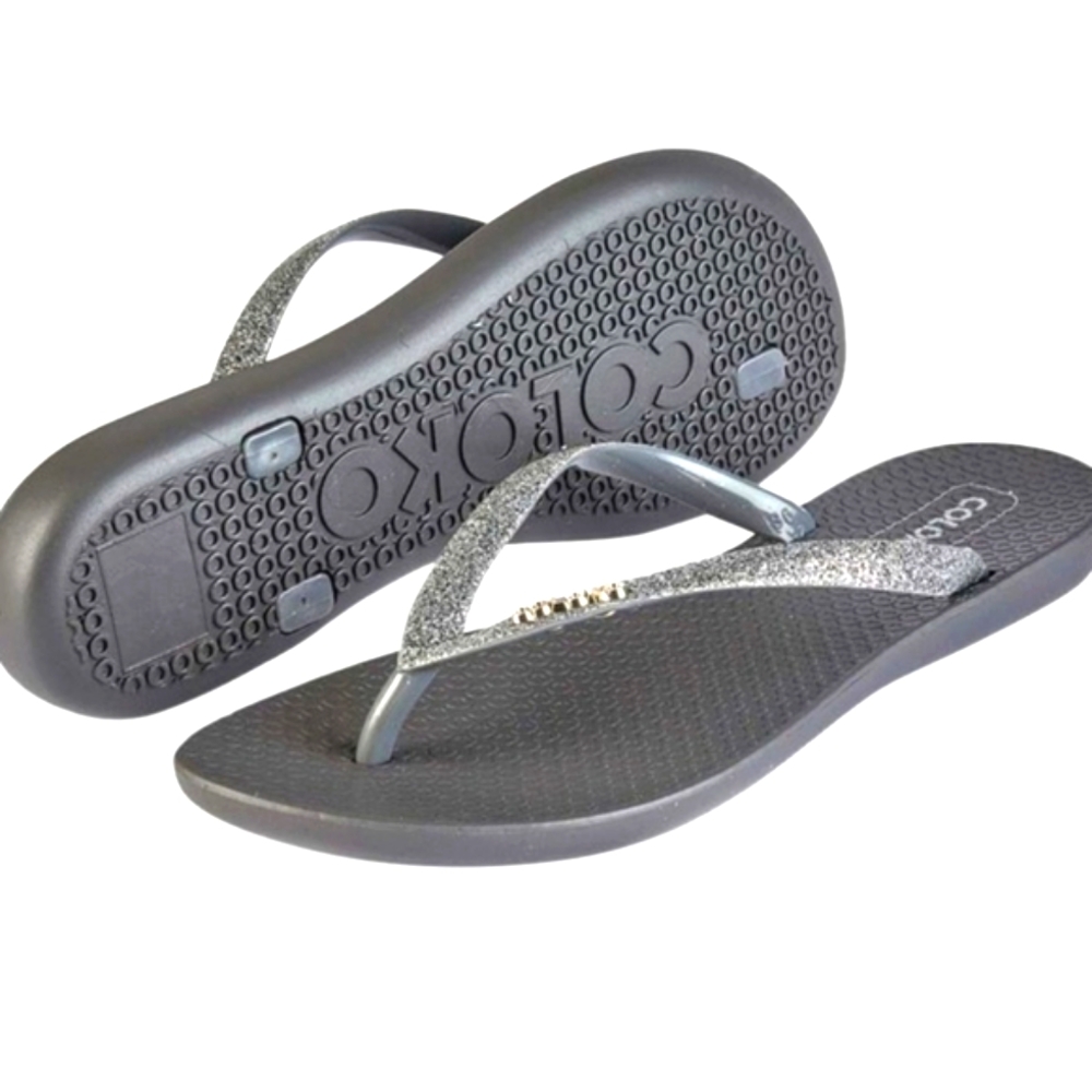 👣COLOKO💦 Pewter Glitter Accent Orchid Flip Flops footwear
